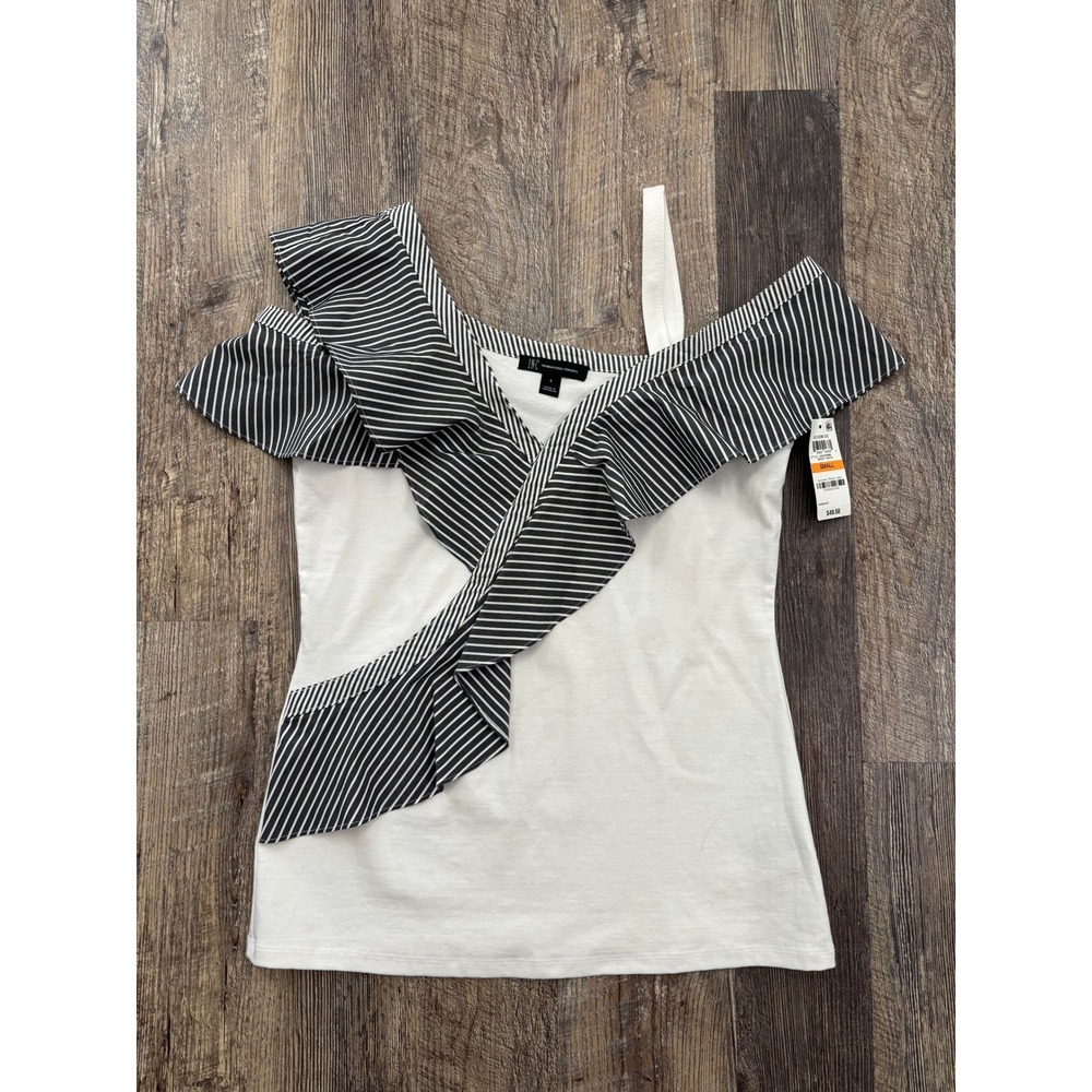 INC International Concepts Striped Ruffle One Shoulder Top White Black Small NEW